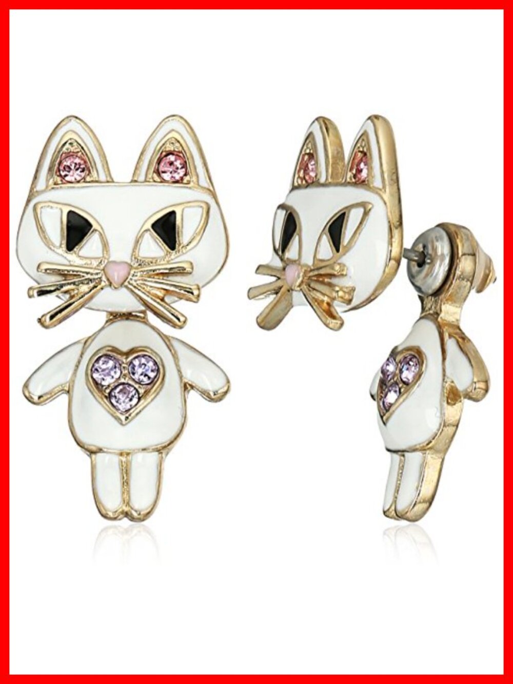 Gold-tone Cat Front Back Earrings with Glass and Enamel